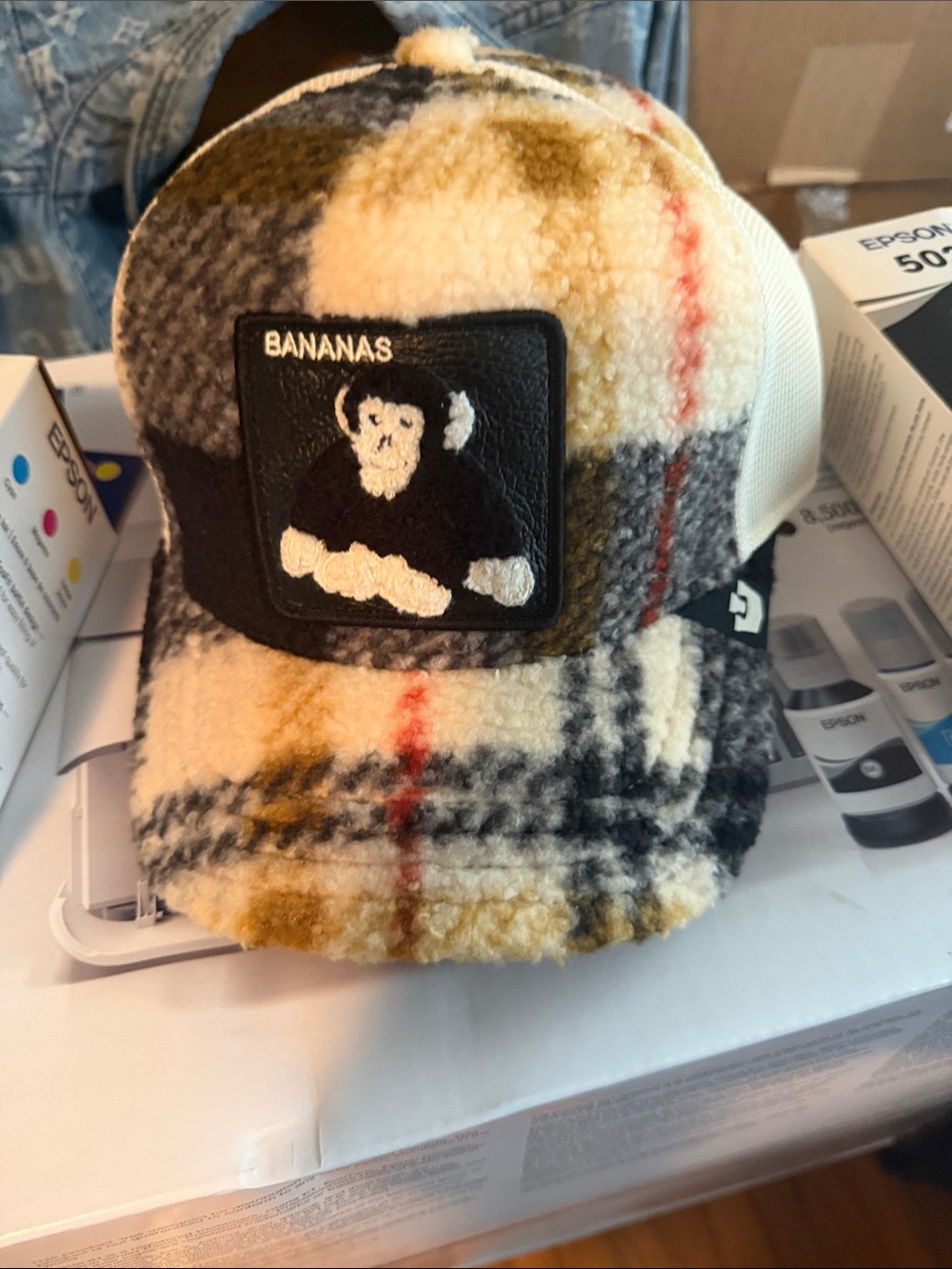 Bananas Sherpa Trucker Hat - Cream Plaid with Olive & Black Accents